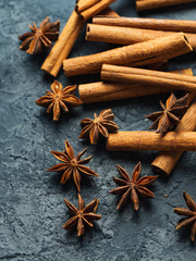 Cinnamon and anise group on a dark concrete background