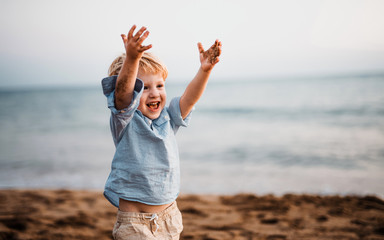 A small toddler boy standing on beach on summer holiday, having fun.
