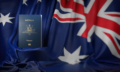 Australian passport on the flag of the Australia. Getting a australian passport,  naturalization and immigration concept. - obrazy, fototapety, plakaty