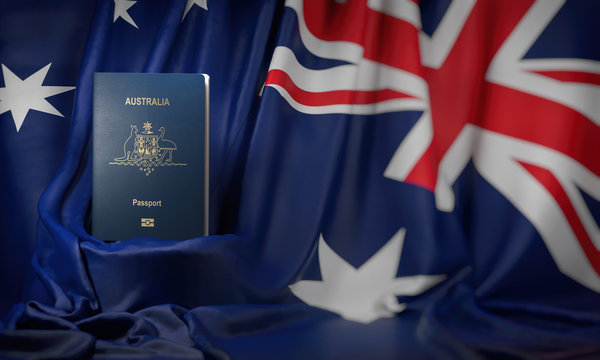 Australian passport on the flag of the Australia. Getting a australian passport,  naturalization and immigration concept.