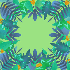 Obraz premium Square frame of blue-green leaves and bunches of mountain ash on a green background. Set of leaves of different tree species. Elements under the clipping mask are convenient to use. 