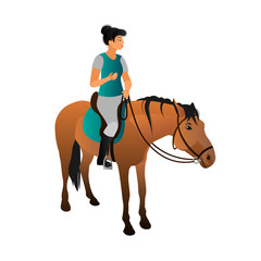 A young girl riding a red horse with a black mane. A woman in a t-shirt, breeches and boots sits in the saddle on a mare of bay suit. Color vector illustration on white background, flat cartoon style.