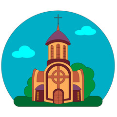 The building of the church or monastery on the background of the landscape of summer blue sky and green grass and trees in the style of an icon or logo to release and faith,religious concept.Vector