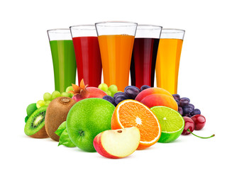 Glasses of different juice, fruits and berries isolated on white background