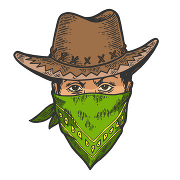 Cowboy head in bandit gangster mask bandana color sketch line art engraving vector illustration. Scratch board style imitation. Hand drawn image.