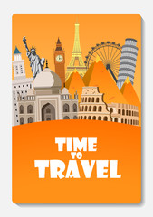 Obraz premium Travel to World. Road trip. Big set of famous landmarks of the world. Time to travel, tourism, summer holiday. Different types of journey. Flat design vector illustration