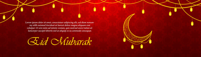 Vector Eid Al Firt background with sparkling glitter golden textured moon with stars on red glow background for muslim holy month. Seasonal holidays greeting card template