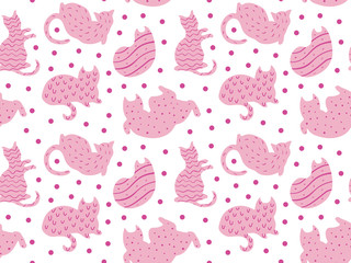 Funny cats pattern pink on white with gold dots vector