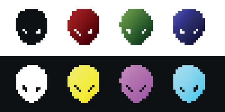 Set Alien icon isolated on black and white background. Extraterrestrial alien face or head symbol. Vector Illustration