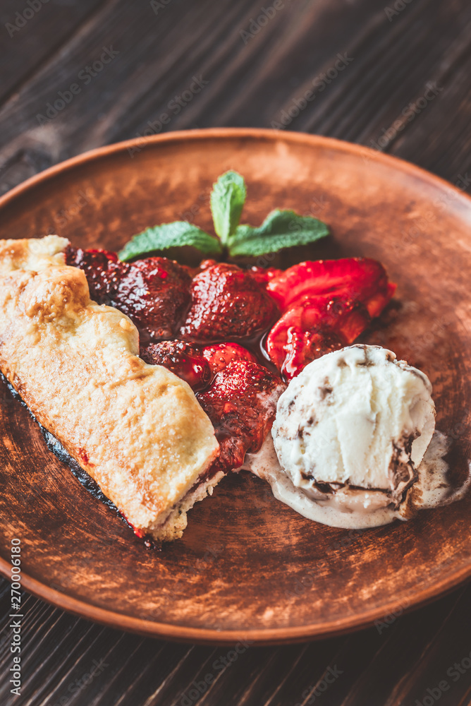 Sticker Slice of strawberry galette with ice-cream