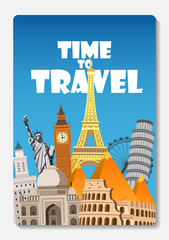 Fototapeta premium Podróż do świata. Podróż samochodem. Duży zbiór znanych zabytków świata. Czas na podróże, turystyka, wakacje. Różne rodzaje podróży. Ilustracja wektorowa Płaska konstrukcja