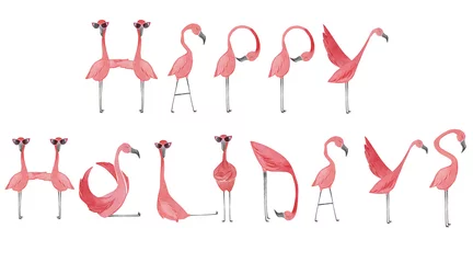 Foto auf Acrylglas Flamingo Handgezeichnete Aquarell Flamingos. Flamingo Frohe Feiertage Schriftzug