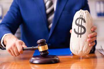 Young male judge sitting in courtroom 