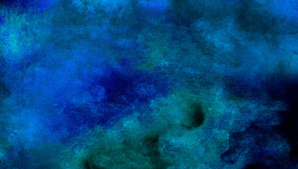 Bright light blue neon watercolor on deep black paper background. Aquarelle painted ink canvas for modern creative design. Lightning night sky and thunder storm, smoke texture illustration.
