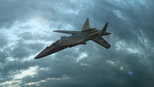 Military fighter plane fly in clouds. Wonderful sunset. Realistic 3d animation