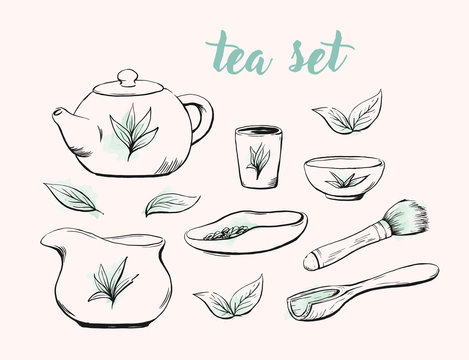 Handdrawn tea ceremony supplies vector teawear: teapot, cups