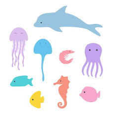 Cute sea life set flat vector illustration