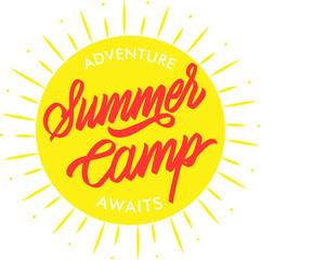 Summer camp typography lettering design. Label, logo, badge, sticker, stamp.