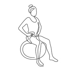 Woman doing exercising with fit ball continuous line vector illustration
