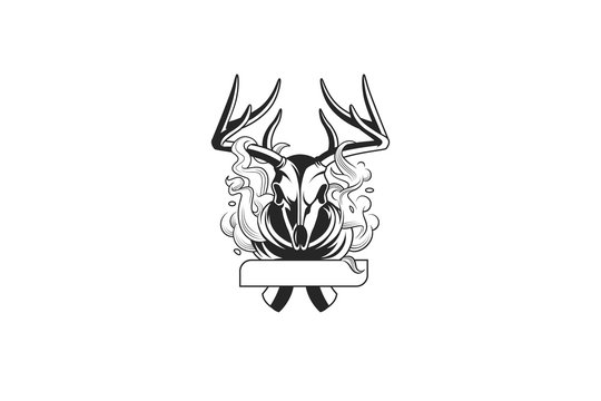 skull of a deer with a scarf, tattoo style, deer smokes, smoke. - vector