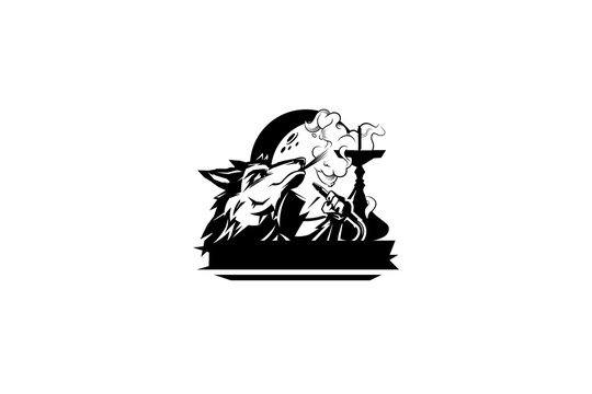wolf smokes hookah, wolf hookah, logo with an isolated wolf and hookah, exhales smoke - vektor