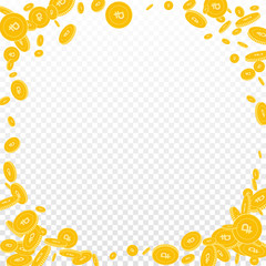 Russian ruble coins falling. Scattered disorderly 