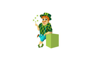 character wizard in a green suit. the character leaned on the box. good loader. - vektor