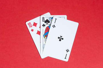 The combination of poker cards. three , seven, ace