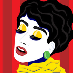 Beautiful and bright girl in the style of pop art head thrown back. Illustration in retro pop art style
