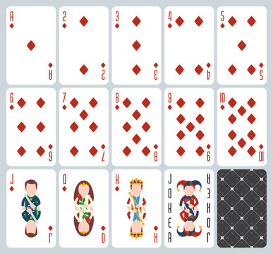 Poker playing cards of Diamonds suit. Blue background. Original design deck. Vector illustration