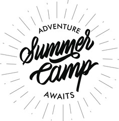 Summer camp typography lettering design. Label, logo, badge, sticker, stamp.