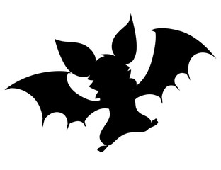 Black silhouette. Cartoon bat. Cute vampire bat, flying mammal. Flat vector illustration isolated on white background. Cartoon character design. Happy bat dancing