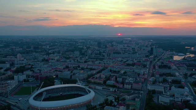 MINSK, BELARUS - MAY, 2019: Aerial drone shot view of city centre. Dinamo stadium and sports objects from above.