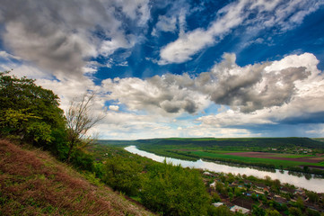 Fototapeta na wymiar Summer landscape panorama with the river. Dniester river, Moldova. Steadicam shot.