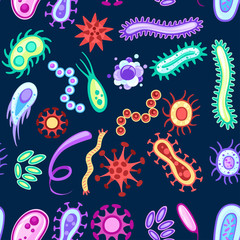Fototapeta na wymiar Seamless pattern. Colorful Bacteria and germs. Microorganisms on dark blue background. Different types of bacteria. Advertising flyer or greetings card design. Flat vector illustration