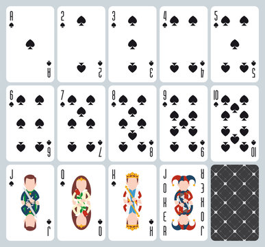 Poker playing cards of Spades suit. Blue background. Original design deck. Vector illustration