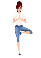 Women in fitness outfit stand in yoga poses balancing on one leg cartoon character design flat vector illustration