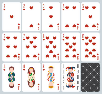 Poker playing cards of Hearts suit. Blue background. Original design deck. Vector illustration