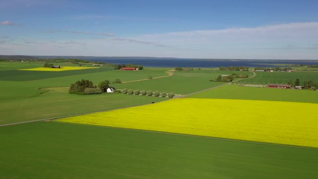 Aerial footage of farm landscape in district Ostergotland, Sweden