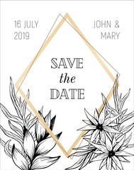Save the date template design with hand drawn flowers intitation vector black and white