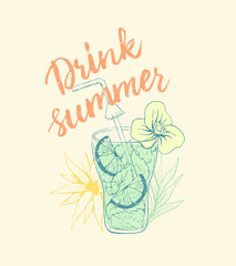 Summer lettering with mojito coctail ink illustration