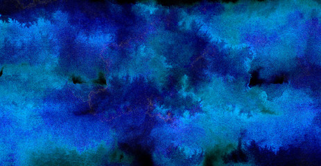 Bright light blue neon watercolor on deep black paper background. Aquarelle painted ink canvas for modern creative design. Lightning night sky and thunder storm, smoke texture illustration.