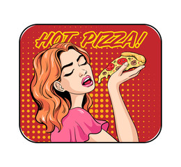 Woman eating pizza pop art vector illustration