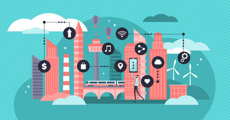 Smart city vector illustration. Flat tiny data collection persons concept.