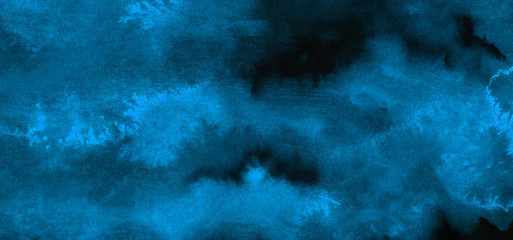 Bright light blue neon watercolor on deep black paper background. Aquarelle painted ink canvas for modern creative design. Lightning night sky and thunder storm, smoke texture illustration.