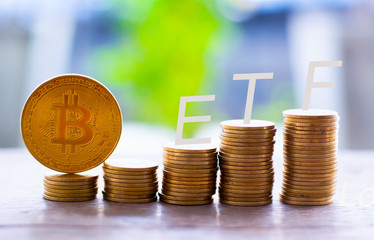 Bitcoin coin with ETF text Put on  Piles of coins arranged from low to high, Concept Entering the Digital Money Fund.