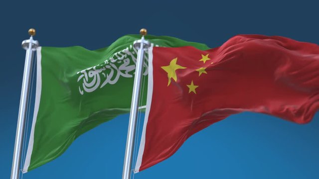 4k Seamless Saudi Arabia and China Flags with blue sky background;A fully digital rendering;The animation loops at 20 seconds;KSA CN.