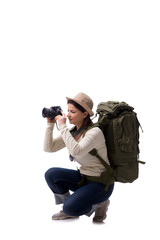 Fototapeta premium Starzejący się żeński turysta odizolowywający na bielu