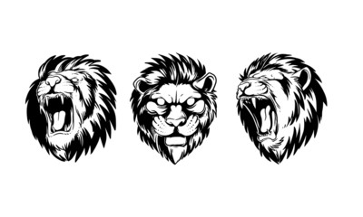 set Hand drawn illustration of a savage lion head