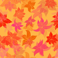 Beautiful seamlessly repeating pattern of fire flowers in flight, on golden orange background - Vector. Suitable for use in crafting, material, textures, wallpaper, backdrops etc. 